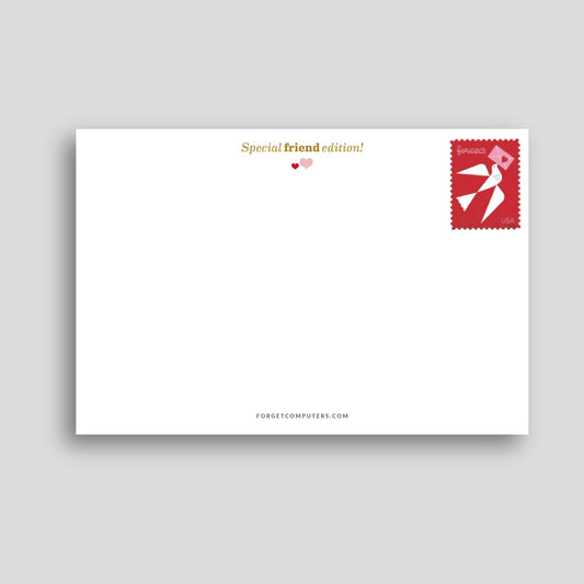 White card with 'Special friend edition!' text and a red love stamp design on a gray background