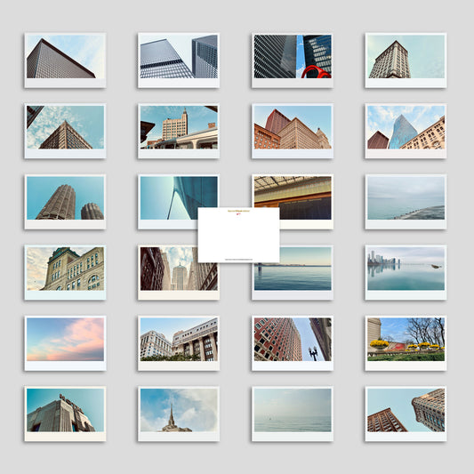 Grid of cityscape photograph postcards on a light gray background